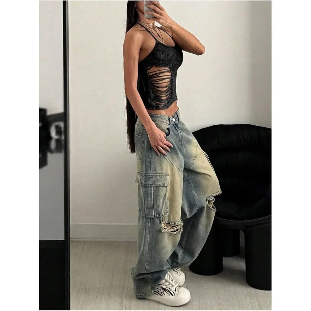 Women's Black Acrylic Knitted Crop Top Sleeveless Tie Back Y2K Style - Picture 4 of 5